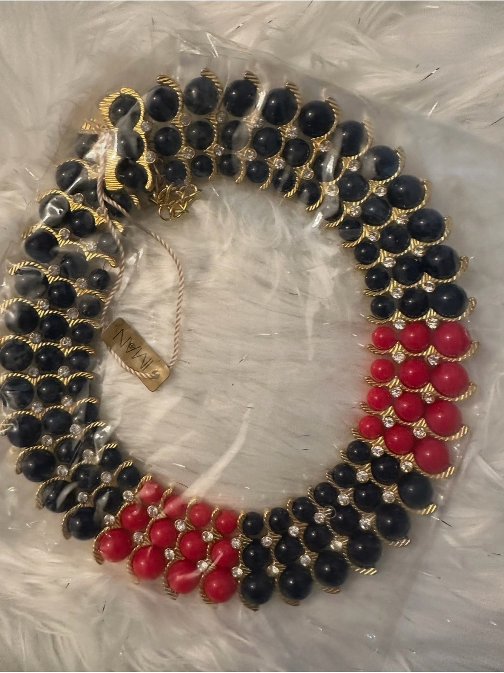 IMAN Navy and Red Gold-Tone Beaded Statement Necklace